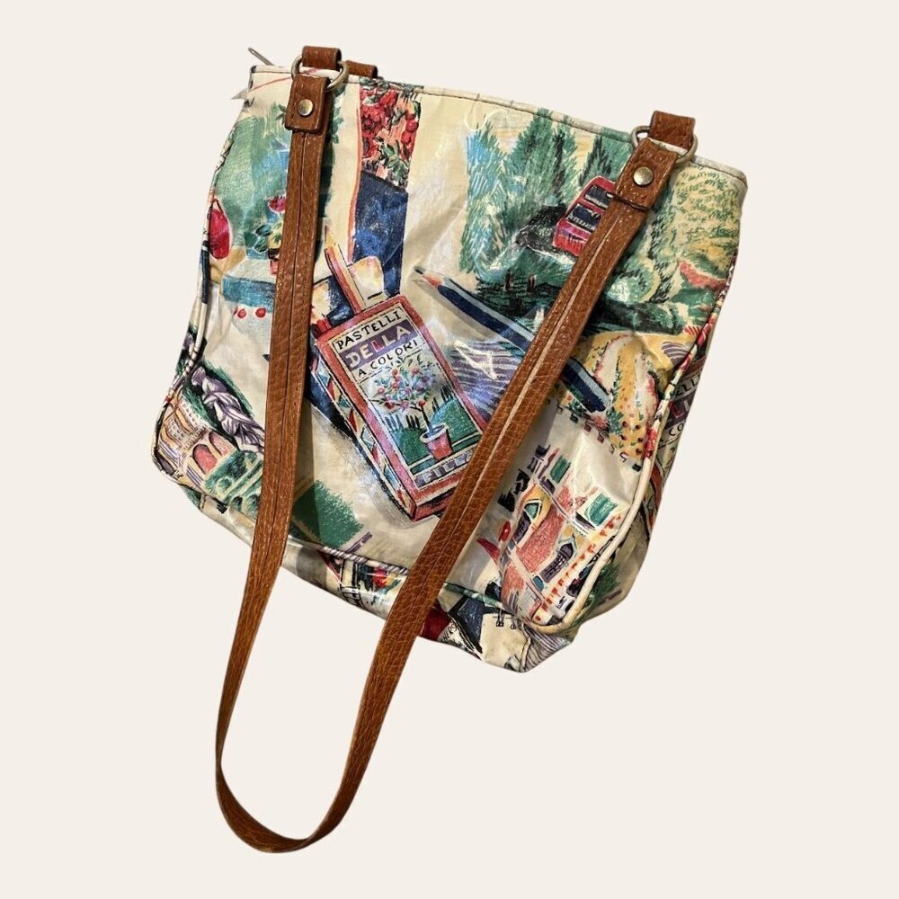 Unique vintage vinyl colored pencil illustrated European scenery artist purse